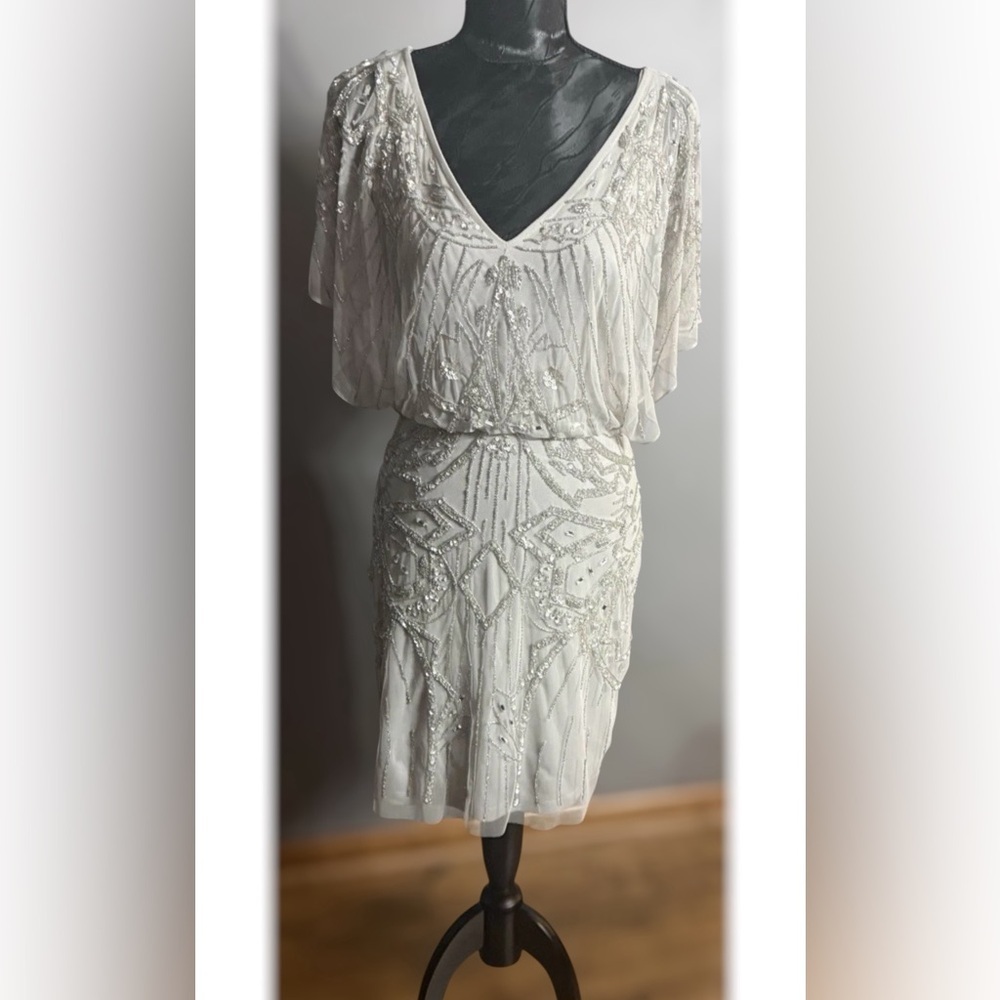 Aidan Mattox Art Deco Beaded Cocktail Dress Silver Gatsby - Picture 3 of 11